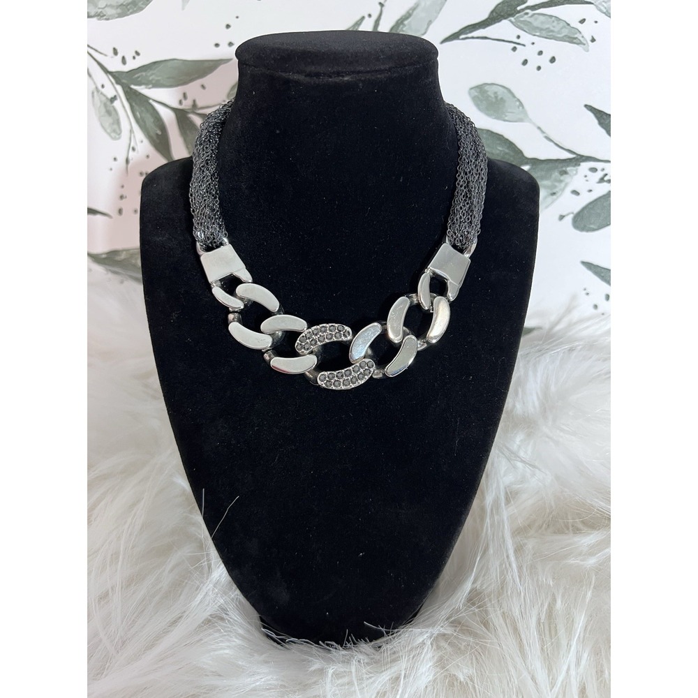 Express Gunmetal Chunky Chain Choker Necklace Silver Black Tone Rhinestone Goth